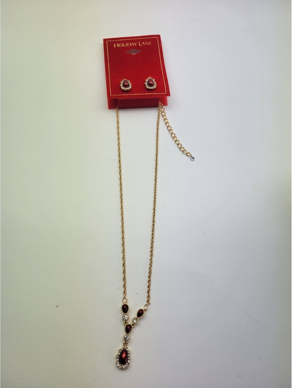 Holiday Lane Gold-Tone Crystal & Red Faux Pearl Lariat Necklace & Drop Earrings